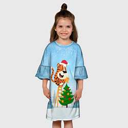 Платье клеш для девочки Тигр украшает новогоднюю елку, цвет: 3D-принт — фото 2