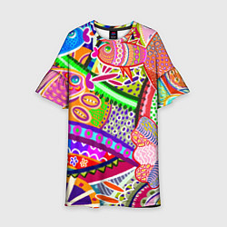 Детское платье Разноцветные яркие рыбки на абстрактном цветном фо