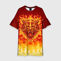 Платье клеш для девочки Огненный тигр в пламени, цвет: 3D-принт