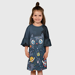 Платье клеш для девочки Космический кот в планетах, цвет: 3D-принт — фото 2