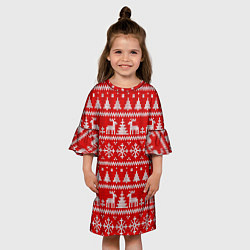 Платье клеш для девочки Новогодний узор с елкой и оленями, цвет: 3D-принт — фото 2