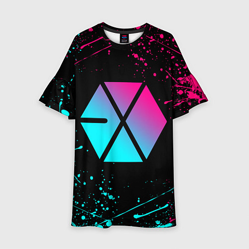 Детское платье EXO BAND NEON LOGO НЕОНОВЫЕ БРЫЗГИ КРАСОК / 3D-принт – фото 1