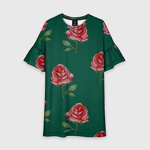 Детское платье Ярко красные розы на темно-зеленом фоне / 3D-принт – фото 1