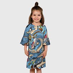 Платье клеш для девочки Синий дракон-монст, цвет: 3D-принт — фото 2