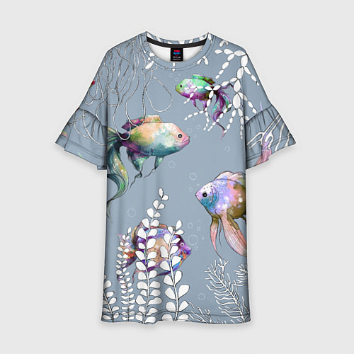 Детское платье Разноцветные акварельные рыбки и белые водоросли / 3D-принт – фото 1