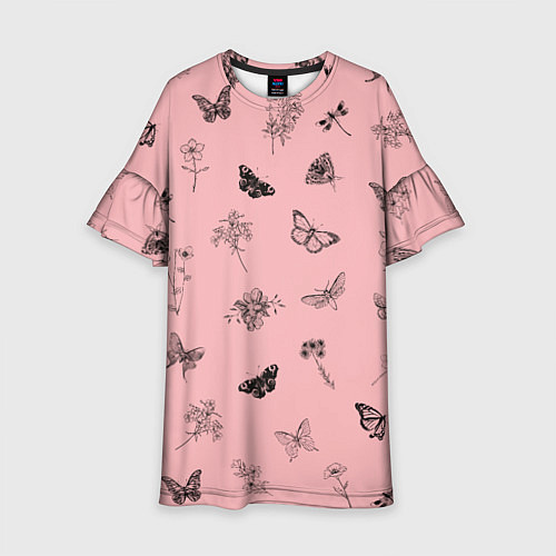 Детское платье Цветочки и бабочки на розовом фоне / 3D-принт – фото 1