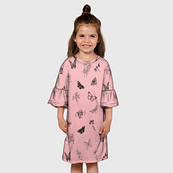Платье клеш для девочки Цветочки и бабочки на розовом фоне, цвет: 3D-принт — фото 2
