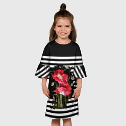 Платье клеш для девочки Акварельные красные маки на черно-белом полосатом, цвет: 3D-принт — фото 2