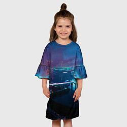 Платье клеш для девочки Неоновый город и мост - Синий, цвет: 3D-принт — фото 2