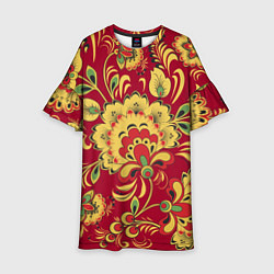 Платье клеш для девочки Хохломская Роспись Цветы На красном Фоне, цвет: 3D-принт
