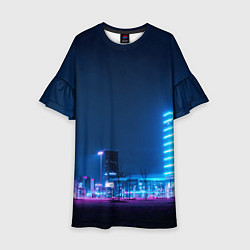 Платье клеш для девочки Неоновый ночной город - Светло-синий, цвет: 3D-принт