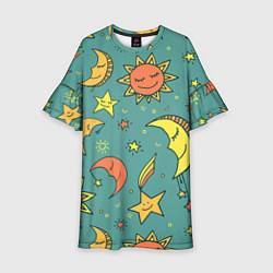 Платье клеш для девочки Солнце, Луна и Звёзды, цвет: 3D-принт