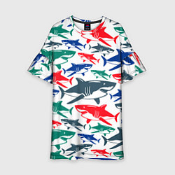 Платье клеш для девочки Стая разноцветных акул - паттерн, цвет: 3D-принт