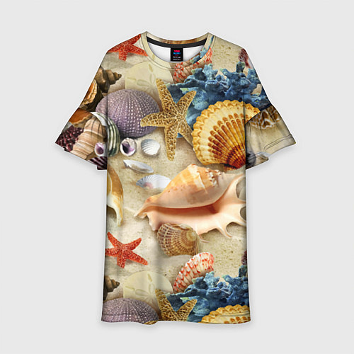 Детское платье Морские раковины, кораллы, морские звёзды на песке / 3D-принт – фото 1