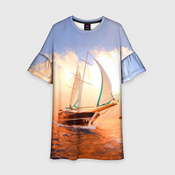 Платье клеш для девочки Парусник в океане на фоне заката, цвет: 3D-принт