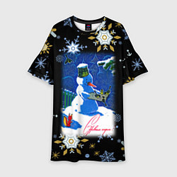 Детское платье Новый год снеговик и птицы