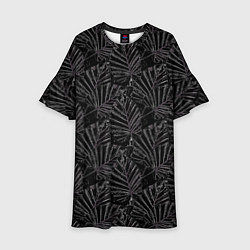 Платье клеш для девочки Белые контуры тропических листьев на черном, цвет: 3D-принт