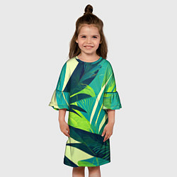 Платье клеш для девочки Яркие тропические листья пальмы, цвет: 3D-принт — фото 2