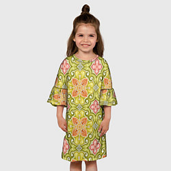 Платье клеш для девочки Зеленые узоры и оранжевые цветы, цвет: 3D-принт — фото 2