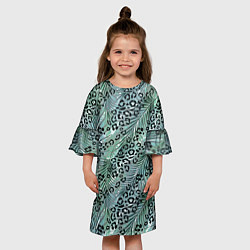 Платье клеш для девочки Листья пальмы на леопардовом серо - зеленом фоне, цвет: 3D-принт — фото 2