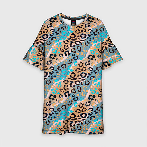 Детское платье Леопардовый узор на синих, бежевых диагональных по / 3D-принт – фото 1
