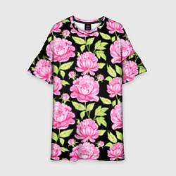 Платье клеш для девочки Розовые пионы на черном, цвет: 3D-принт