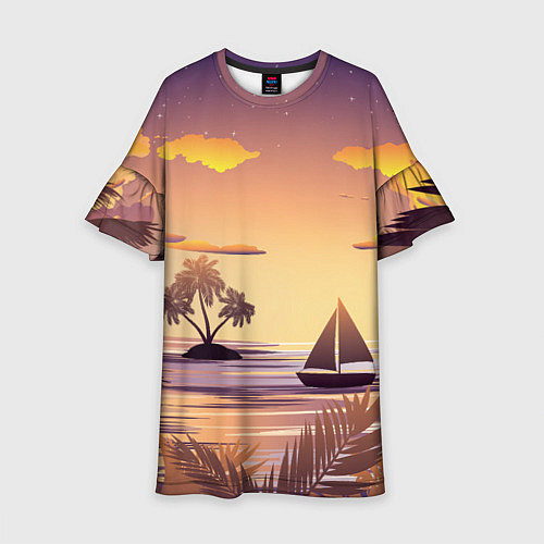 Детское платье Лодка в море на закате возле тропических островов / 3D-принт – фото 1