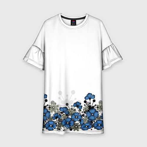 Детское платье Синий цветочный узор -кайма / 3D-принт – фото 1