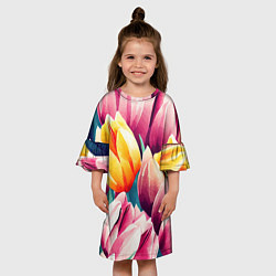 Платье клеш для девочки Букет акварельных тюльпанов, цвет: 3D-принт — фото 2