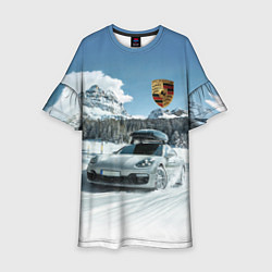 Платье клеш для девочки Porsche on a mountain winter road, цвет: 3D-принт
