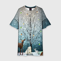 Платье клеш для девочки Звери в новогоднем лесу, цвет: 3D-принт