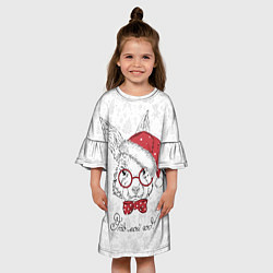 Платье клеш для девочки Это мой год! Кролик в шапке Деда Мороза, цвет: 3D-принт — фото 2
