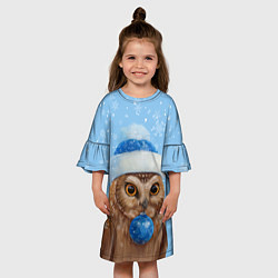 Платье клеш для девочки Новогодняя сова в шапке, цвет: 3D-принт — фото 2