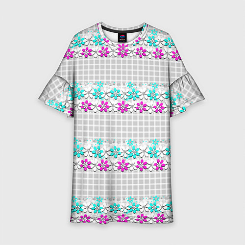 Детское платье Цветочный узор бирюзово-розовый на сером клетчатом / 3D-принт – фото 1