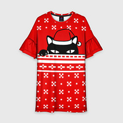 Платье клеш для девочки Выглядывающий котик - красный свитер, цвет: 3D-принт
