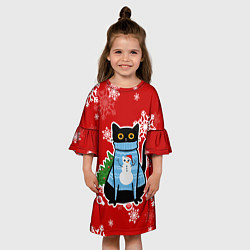 Платье клеш для девочки Котик в свитере с ёлочкой, цвет: 3D-принт — фото 2