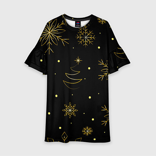 Детское платье Золотые снежинки на темном фоне / 3D-принт – фото 1