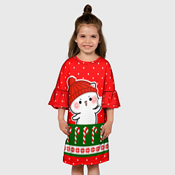 Платье клеш для девочки Белый котик - играет в снежки, цвет: 3D-принт — фото 2