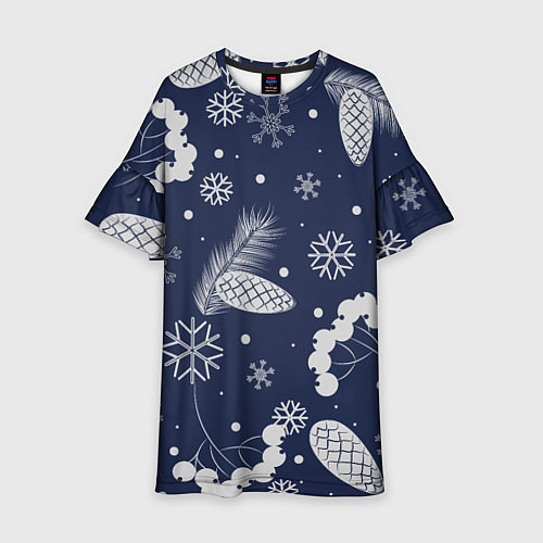 Детское платье Зимние ягоды и шишки на синем фоне / 3D-принт – фото 1