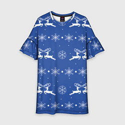 Платье клеш для девочки Белые олени со снежинками на синем фоне, цвет: 3D-принт