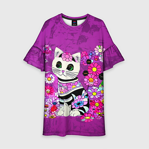 Детское платье Зеленоглазый котенок в цветах / 3D-принт – фото 1