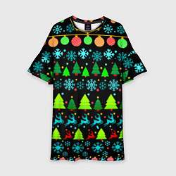 Платье клеш для девочки Узор с ёлками и оленями, цвет: 3D-принт