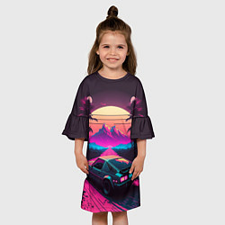 Платье клеш для девочки Synthwave car and mountains, цвет: 3D-принт — фото 2