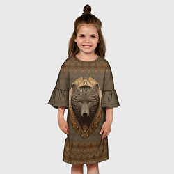 Платье клеш для девочки Волк объёмный барельеф с этническим орнаментом, цвет: 3D-принт — фото 2