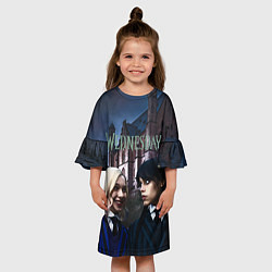 Платье клеш для девочки Уэнсдей Аддамс, Энид Синклер на фоне замка, цвет: 3D-принт — фото 2