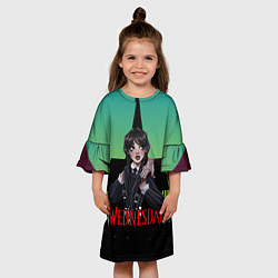 Платье клеш для девочки Семейка Аддамс черный замок, цвет: 3D-принт — фото 2