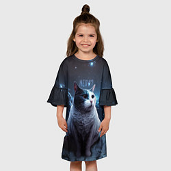 Платье клеш для девочки Мемный кот в космосе, цвет: 3D-принт — фото 2