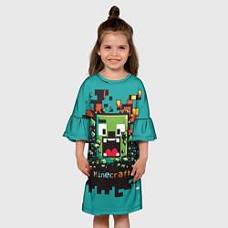 Платье клеш для девочки Крипер на фоне кубического взрыва, цвет: 3D-принт — фото 2