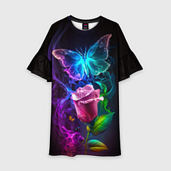 Платье клеш для девочки Неоновая бабочка с цветком, цвет: 3D-принт