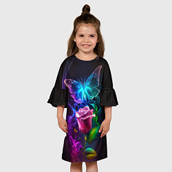 Платье клеш для девочки Неоновая бабочка с цветком, цвет: 3D-принт — фото 2